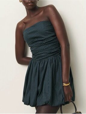 Reformation Clea Dark Green Gingham Strapless Mini Dress